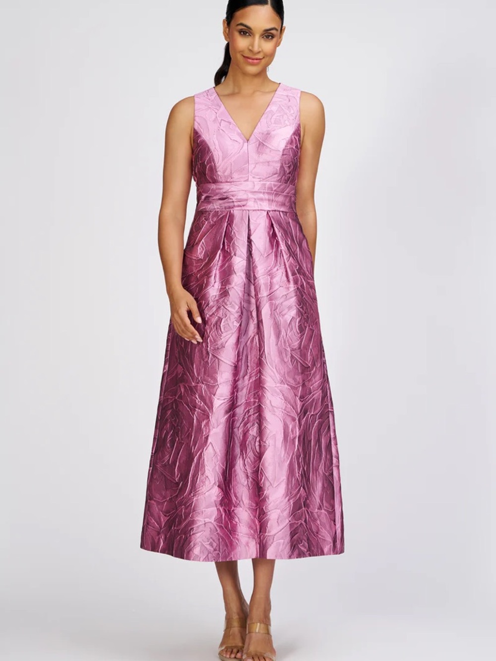 NWT Kay Unger Sleeveless V-Neck Textured Midi Dress in Rose Pink Size 6